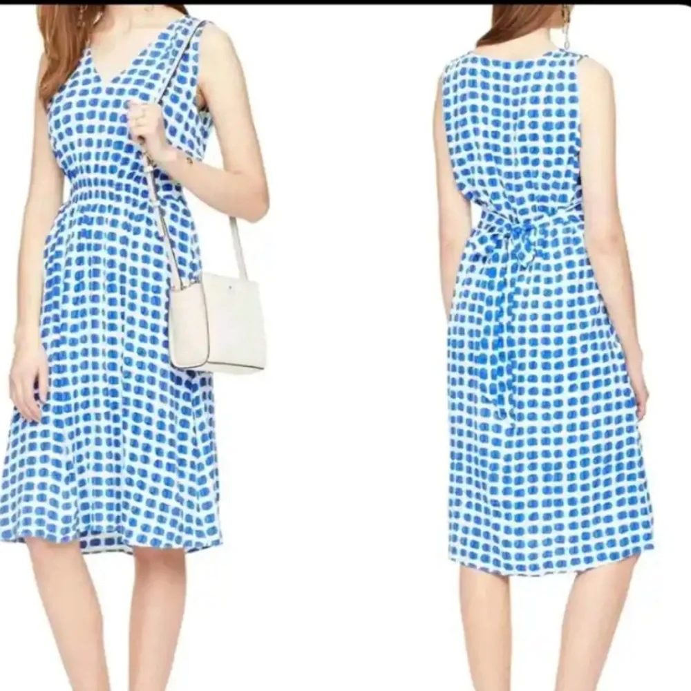 Kate Spade Blue White Island Stamp Tie Back Sleeveless Dress Size Medium